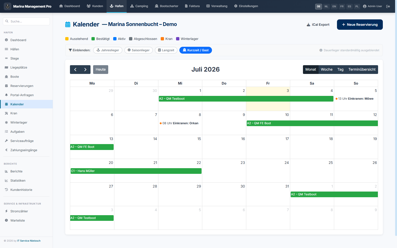 Winterlager- und Kran-Kalender in ITN Marina Management