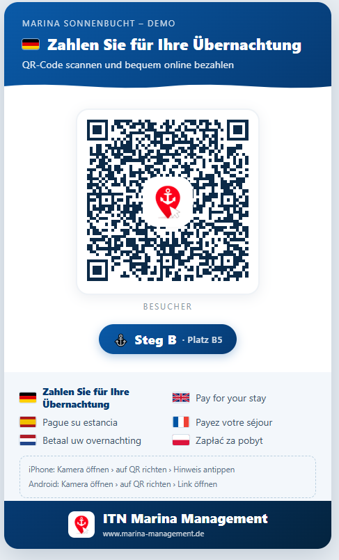 Cartel con código QR para visitantes de un día: «Pague su pernoctación», multilingüe