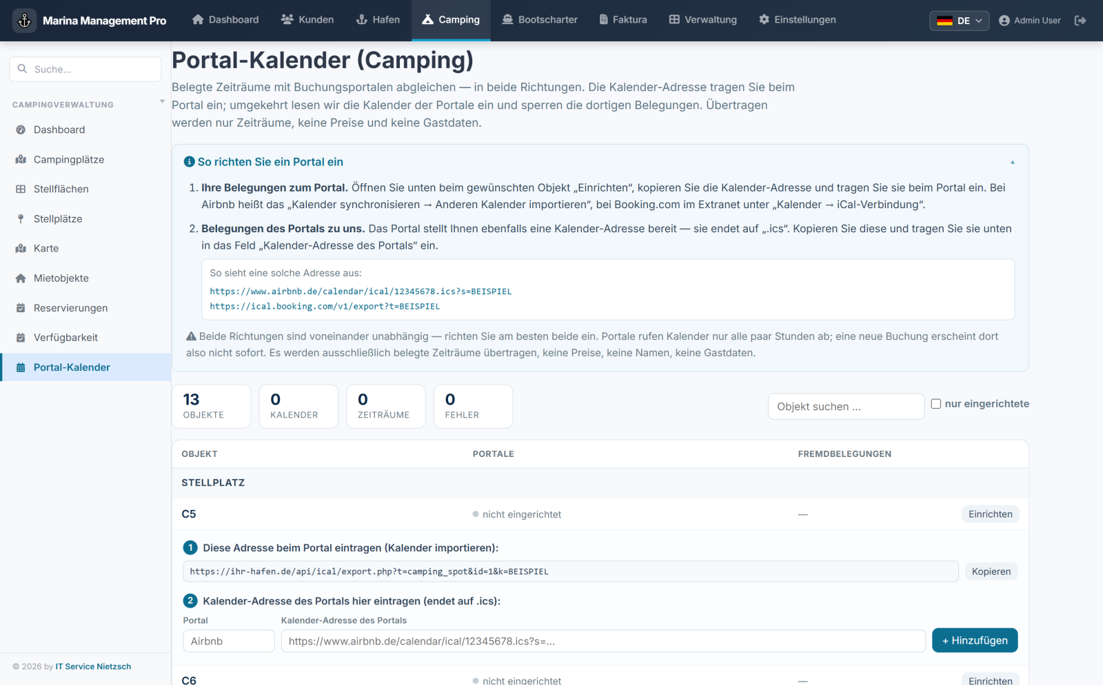 Channel calendar in the camping module: hand out your own calendar address, enter the portal’s calendar