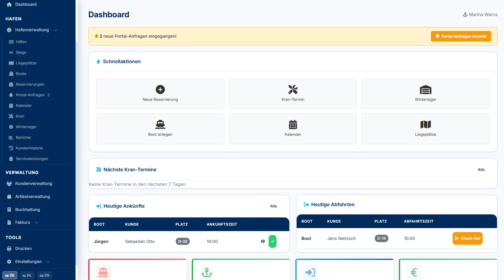 ITN Marina Management – Panel de administración con vista de amarres, calendario de reservas y estadísticas de ingresos